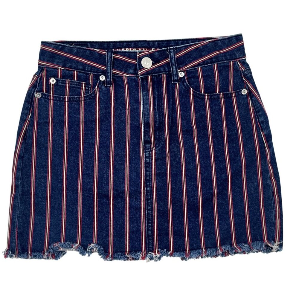 American Eagle Size 4 Women Mini Skirt Red & Blue Stretch Striped Denim